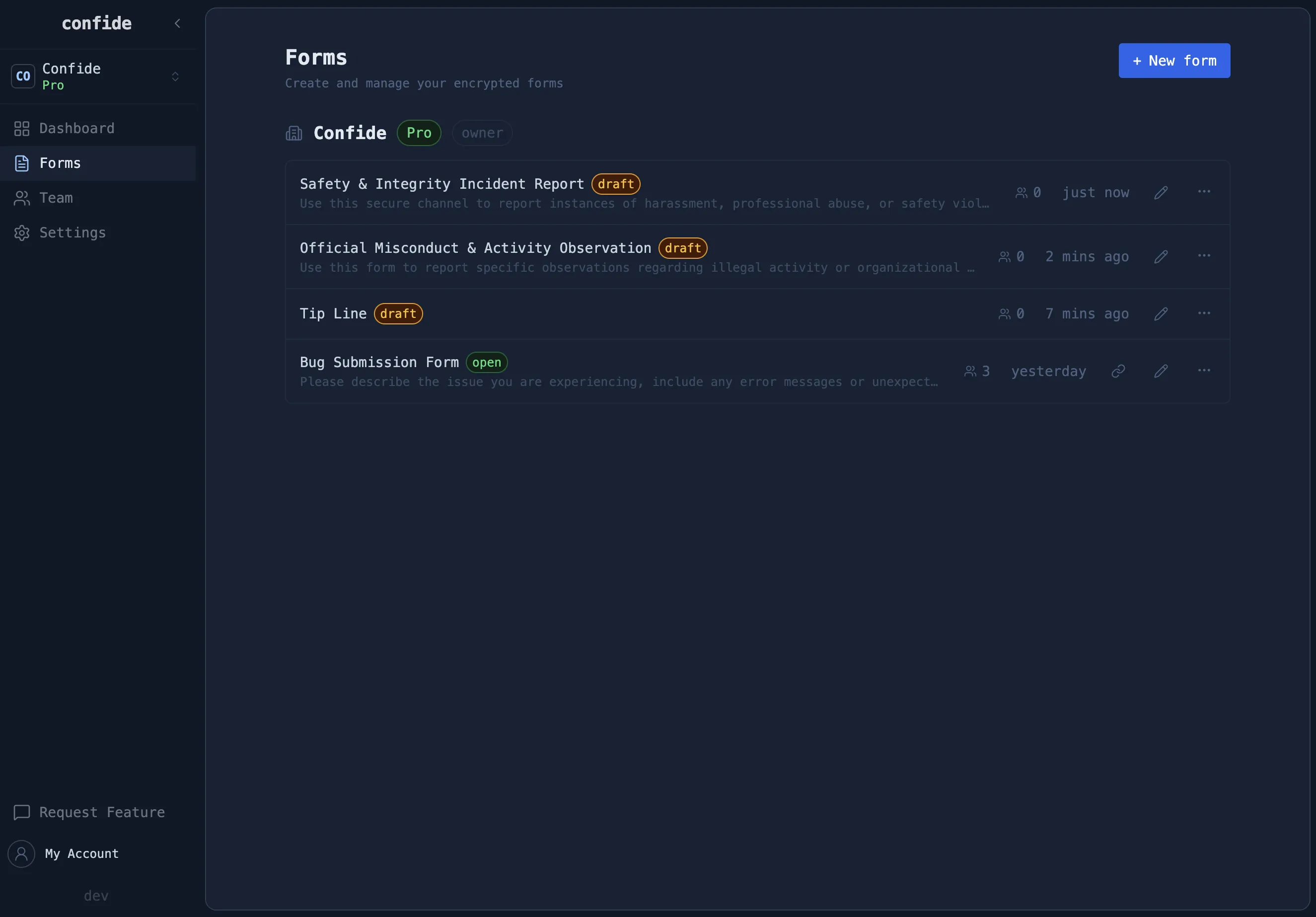Confide secure form builder interface